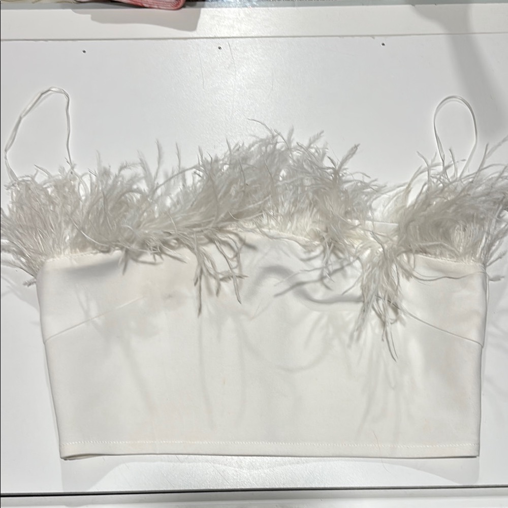Fashion Nova Ivory Feather Accent Top